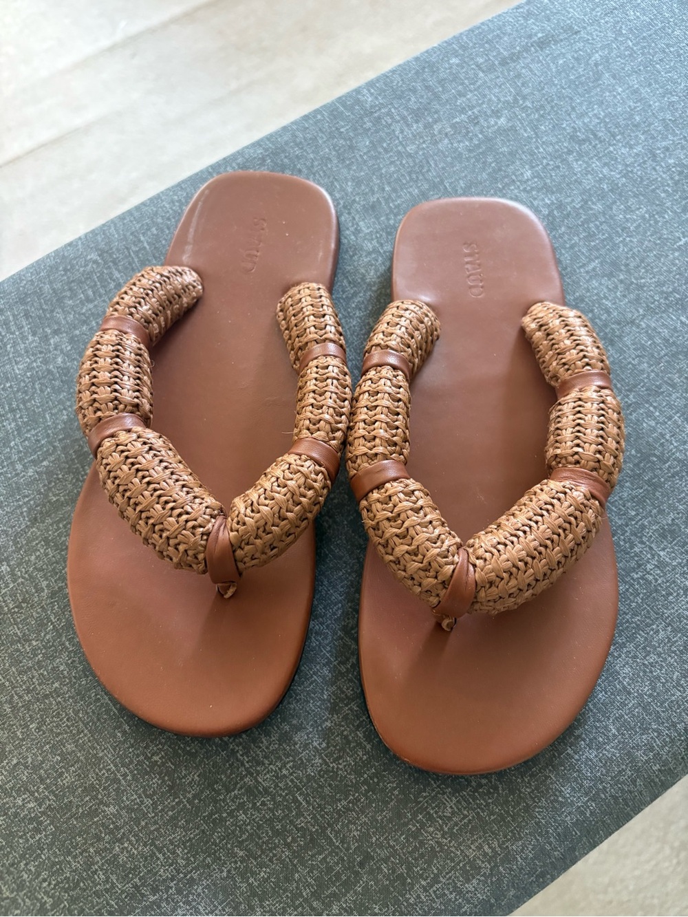 STAUD Woven Raffia Tan Flip Flop Sandals